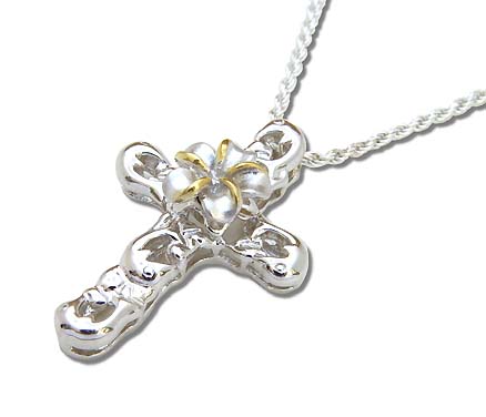 S/S Cutout Cross Pendant w/Spin Plumeria Flower^nCAWG[(HL)^Vo[^Vo[lbNXEy_g